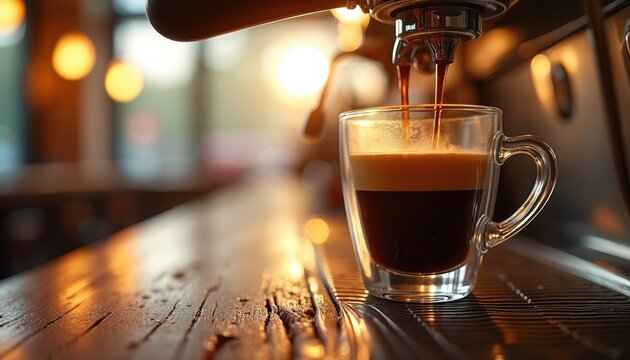 Close up shot of espresso machine brewing into glass cup. Fresh coffee pouring with crema. Warm ambient light creates cozy shop mood. Coffee beverage is perfect to start day.