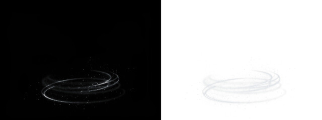 Abstract swirling light effect overlay on black and white backgrounds, creating a mystical atmosphere, ideal for artistic design and creative projects with copy space