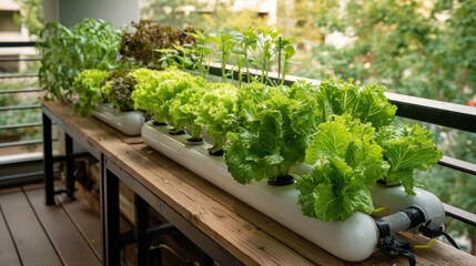 Outdoor view of lettuce & herbs growing in long white tubes on wood shelving on balcony