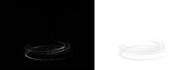 Abstract swirl PNG overlay with dynamic movement, showcasing light trails and particles against contrasting black and white backgrounds for creative design applications