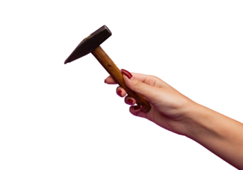 A young woman's hand holding a hammer. Hammer in woman's hand isolated transparent