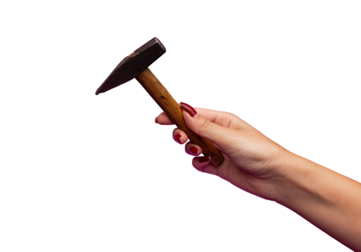 A young woman's hand holding a hammer. Hammer in woman's hand isolated transparent