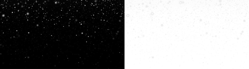 Black and white PNG overlay featuring falling snowflakes, creating a winter atmosphere, ideal for holiday designs and festive backgrounds with copy space