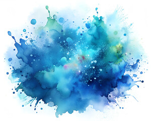 Abstract watercolor splash vibrant blue teal green hues dynamic texture isolated on white background