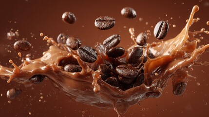 Dynamic Splash of Milk with Coffee Beans in a Rich Chocolate Background Capturing the Essence of Decadent Flavors and Aromas in Culinary Delight