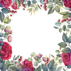 Fototapeta premium Watercolor red rose frame, floral arrangement, PNG border, isolated image with transparent backdrop 