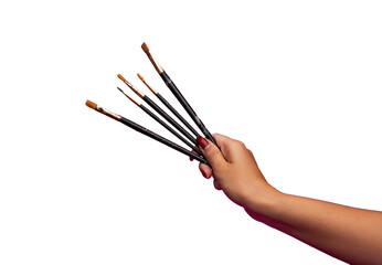 Hand holding used paintbrushes. A woman holding paintbrushes with paint stains on them. Art supplies. Paintbrush isolated transparent