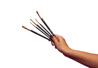 Hand holding used paintbrushes. A woman holding paintbrushes with paint stains on them. Art supplies. Paintbrush isolated transparent