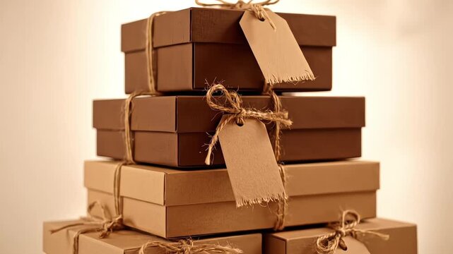 Stacked brown and tan gift boxes with twine and blank tags for a rustic aesthetic