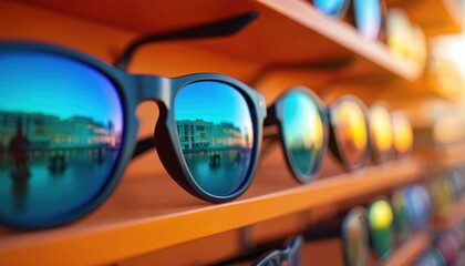 Collection of colorful sunglasses on display rack, reflecting buildings and water. Various eyewear styles and shades offer diverse fashion choices for sun protection.
