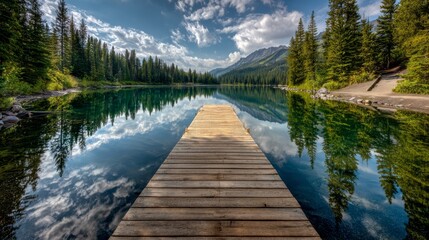A wooden pier extends into a calm, clear lake reflecting a partly cloudy sky, surrounded by evergreen trees and mountains