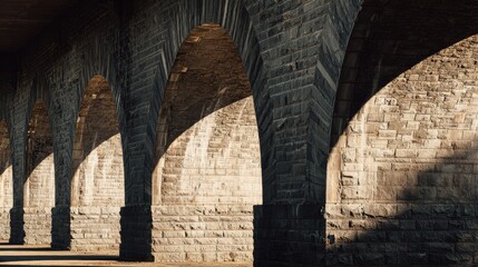 Series of stone archways under a structure, bathed in sunlight and shadow, highlighting textured stonework