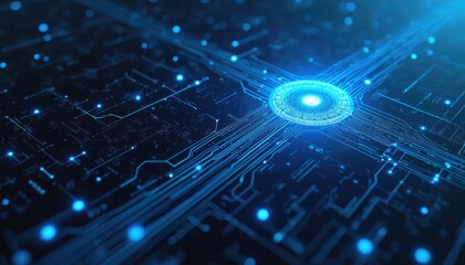 Digital network with blue glowing circuits and data flow. Abstract background illustrates cybersecurity, cyberspace, and futuristic technology concepts. Modern AI interface.