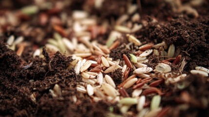 Rice seeds in dark soil closeup