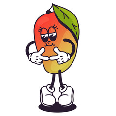 Cartoon Mango Character with Leaf and Arms Gesturing Shyly with Red Yellow and Green Colors on White Background