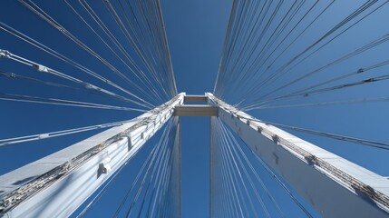 Obraz premium Looking upwards at a modern cable-stayed bridge against a clear blue sky, showing cables converging