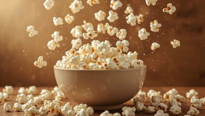 A bowl of popcorn on a wooden table with pieces flying in the air, warm light in the background