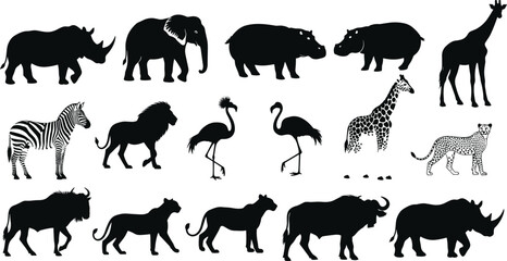 Silhouettes of African wildlife animals, diverse species group, nature fauna collection, black figure set, flat vector, cad drawing illustration