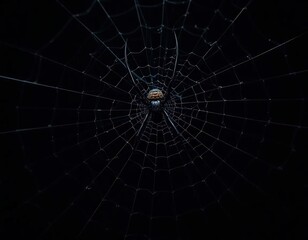 Fototapeta premium Eerie Spiderweb and Black Spider on Dark Background for Halloween Design Mockup