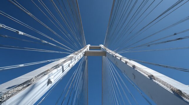 Looking upwards at a modern cable-stayed bridge against a clear blue sky, showing cables converging