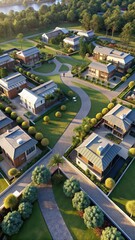 Obraz premium Aerial view of a tranquil retirement village with modern homes and carefully manicured lawns