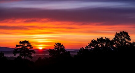 Vibrant orange and purple sunset paints the sky with dramatic clouds over silhouetted trees and distant hills
