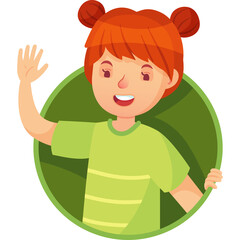 Cartoon Little Girl With Red Pigtails Wearing Light Green Shirt Waving Hello Transparent Background