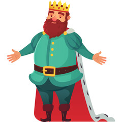 Cartoon King Wearing Green Tunic Red Cape and Golden Crown With Open Arms on White Background