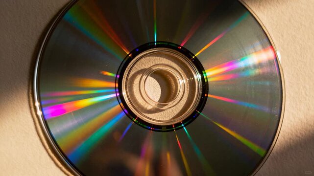 Vibrant 4K Macro Footage of Reflective CD with Rainbow Light Play