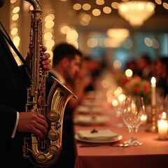 Obraz premium Musician plays golden saxophone at elegant evening dinner. Guests sit at long table with candles, wine glasses. Live jazz music entertains people during formal event. Creates sophisticated warm