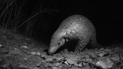 Obraz premium Scaly pangolin with long snout bends low to ground in monochrome, amidst shadowy woods