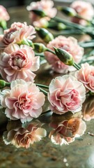 Delicate pink carnation petals gently floating on a serene white background