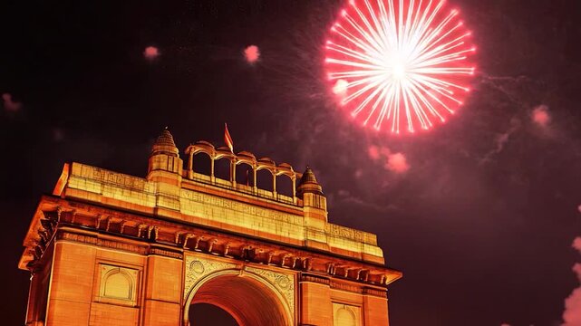 Nighttime scene of a clock tower surrounded by fireworks in the sky