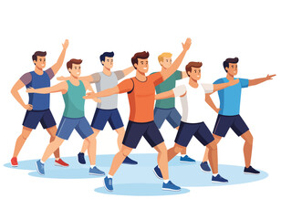 Obraz premium Illustration of a group of men in athletic wear performing a synchronized dance move in unison against a white background with a light blue shadow.
