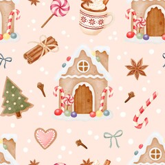 Watercolor Gingerbread House Christmas Pattern. Winter Holiday Treats Seamless Pattern. On Beige Background