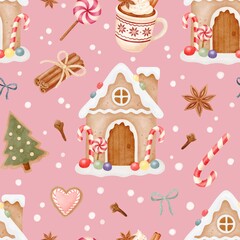 Watercolor Gingerbread House Christmas Pattern. Winter Holiday Treats Seamless Pattern. On Pink Background