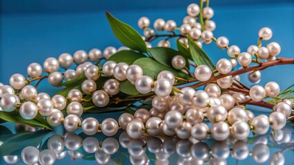 Delicate pearls cascading down a stem in a lush green setting on white