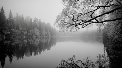 Serene black and white lake scene enveloped in fog, trees line the banks with a branch in the foreground
