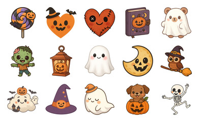 PNG Cute Halloween-themed cartoon icons, element set on transparent background