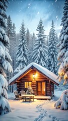 Cozy Nordic cabin with wooden furniture and snow-covered trees outside