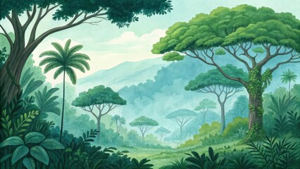 Watercolor painting of a green jungle landscape in retro or vintage style