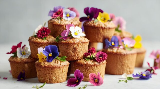 Cupcakes are thoughtfully decorated with colorful flowers and arranged for a stunning display