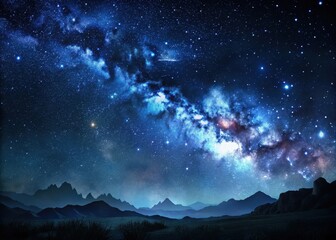 Panoramic view of a darkened landscape with millions of twinkling stars in the sky above