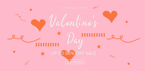 Valentine's Day Cards Design. Modern colorful typography vector. Art design hearts  for presentations, greeting card, invitation, calendar, social media. Sale offer 50%. 