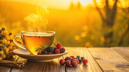 Warm winter evening with steaming cup of tea and bowl of dried berries on a wooden table