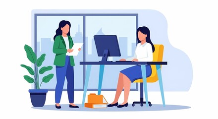Fototapeta premium Two businesswomen collaborating in a modern office environment, one holding a phone while the other works at a computer, showcasing professional teamwork and productivity.