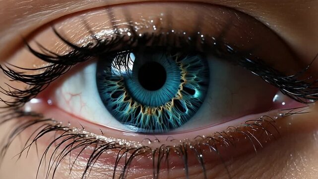Close up of a human eye showcasing vibrant blue iris and intricate details in the pupil surrounded by dark lashes and light reflections