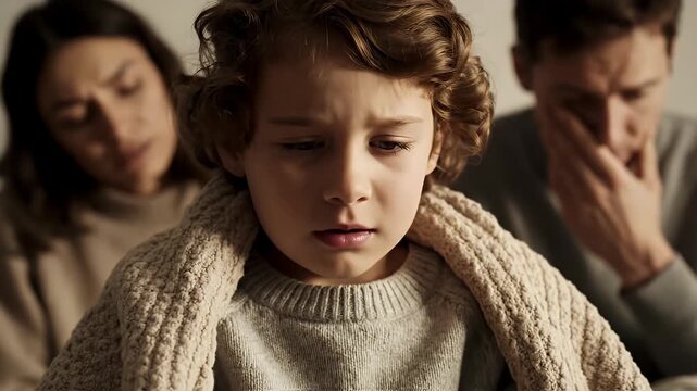 Young child wrapped in a cozy knitted beige blanket blowing nose with tissue while worried parents with tissue in background suffer from illness and cold with sad expressions in soft indoor lighting