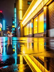 Glowing neon signs reflecting on wet pavement at night