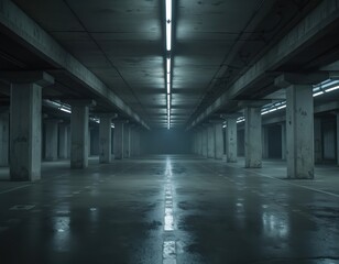 Long concrete garage interior extends into darkness. Fluorescent tubes cast pale glow on damp floor, pillars. Sense of isolation pervades empty space suggesting mystery foreboding. Unsettling